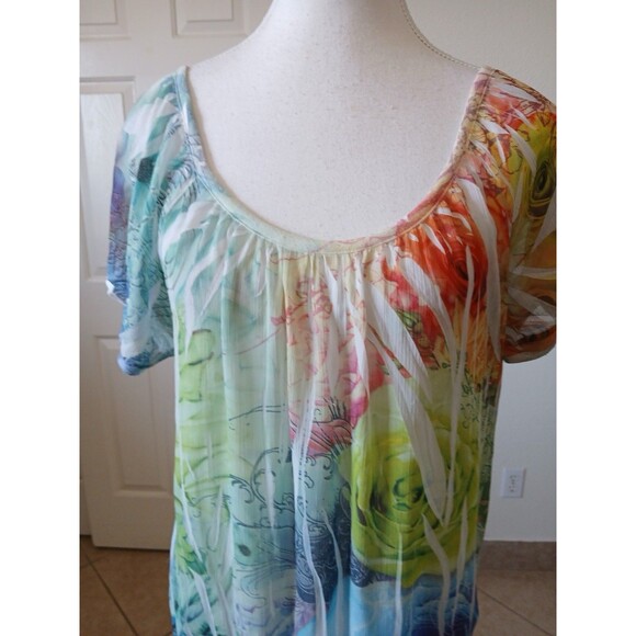 FANG Y2K Blouse Women’s  Multicolor Sheer Pleated Scoop Neck  W/Elastic Waist L - Picture 6 of 15